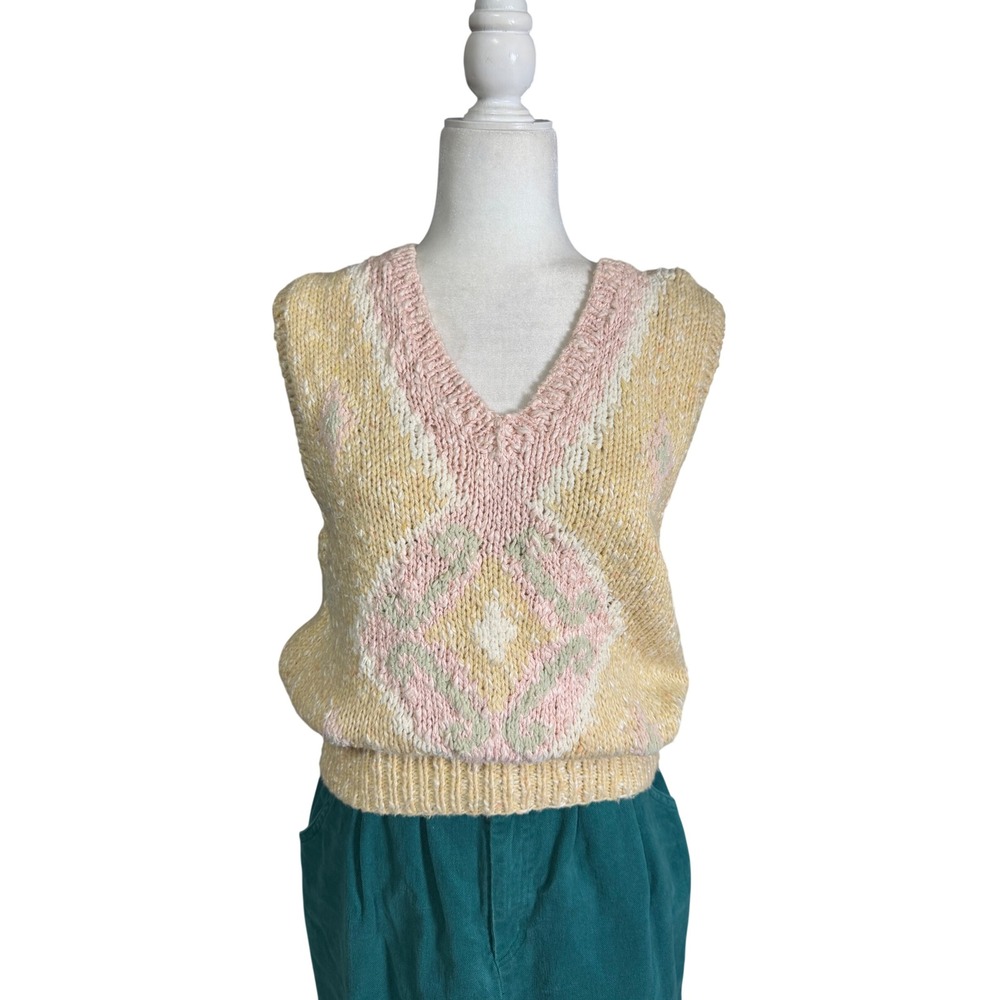 Vintage Early 90s Liz Sport Pastel Chunky Knit Sweater Vest Small Cottagecore